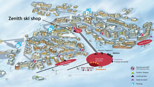 Zenith ski shop Val Thorens ski hire and snowboard hire booking, location of Zenith ski shop, Val Thorens
